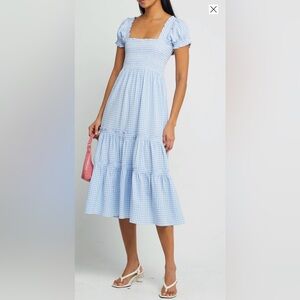 Bloomingdale’s AQUA midi/maxi dress - blue checkered/gingham, pockets, sz small